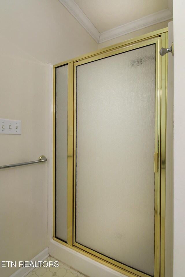 13177 Clear Ridge Rd, Knoxville, TN 37922 - full bathroom with a stall shower, ornamental molding, and baseboards