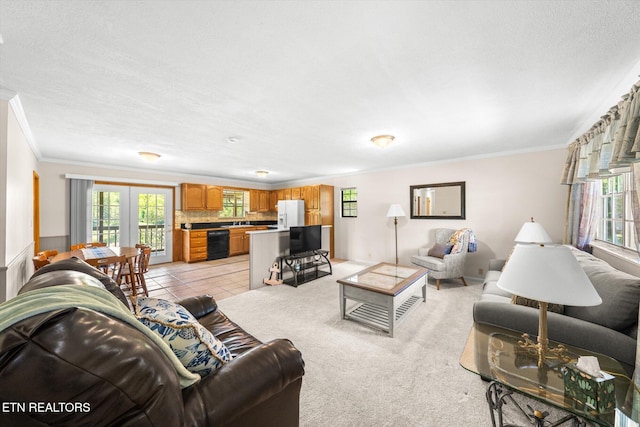living room featuring crown molding, a textured ceiling, and light colored carpet