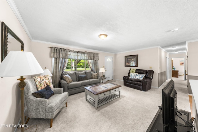 living area with crown molding, carpet floors, baseboards, and a textured ceiling