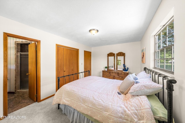 bedroom featuring carpet floors, baseboards, and a closet