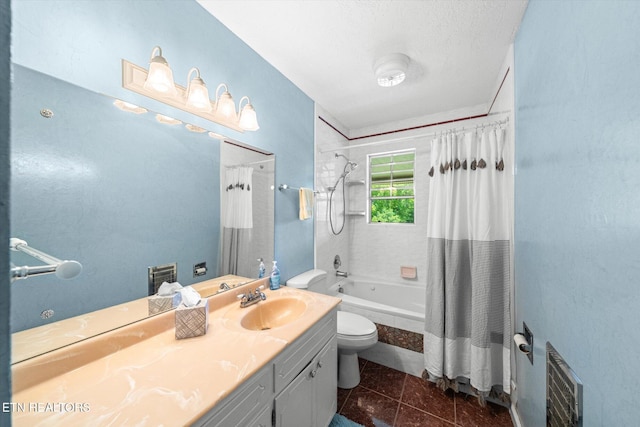 full bath with vanity, tile patterned floors, toilet, heating unit, and shower / bathtub combination with curtain