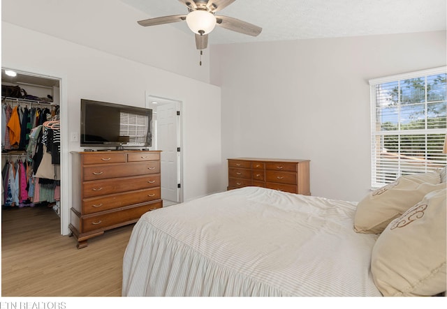 bedroom featuring ceiling fan, a walk in closet, light wood-style floors, vaulted ceiling, and a closet