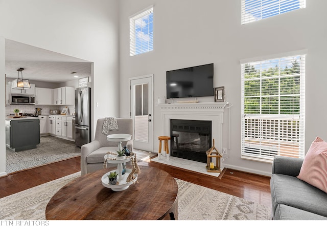 living room with a high ceiling, wood finished floors, and a wealth of natural light