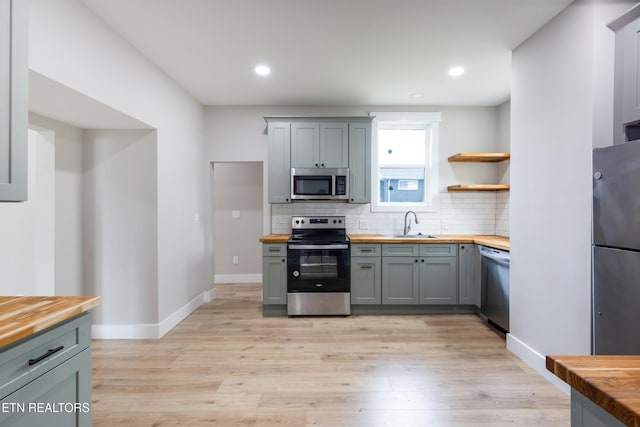 kitchen featuring a sink, appliances with stainless steel finishes, and wooden counters