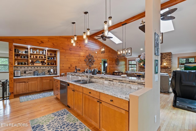 620 Hawk View Dr, Townsend, TN 37882 - kitchen featuring open floor plan, a skylight, a sink, light wood-style floors, and wood walls