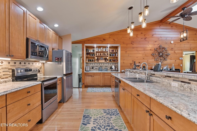 620 Hawk View Dr, Townsend, TN 37882 - kitchen featuring appliances with stainless steel finishes, a sink, tasteful backsplash, light wood-type flooring, and decorative light fixtures