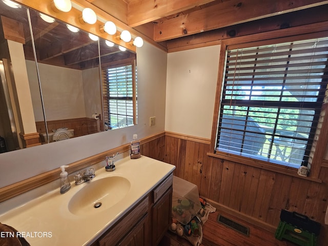 728 Essary Rd, Tazewell, TN 37879 - full bathroom featuring a wainscoted wall, wood walls, vanity, a shower, and wood finished floors