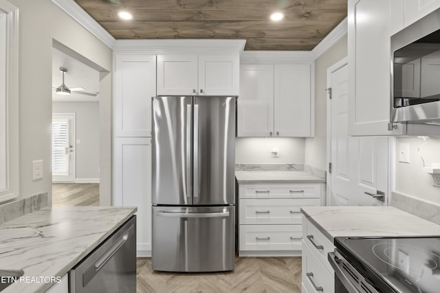 kitchen with recessed lighting, white cabinetry, appliances with stainless steel finishes, and wood ceiling