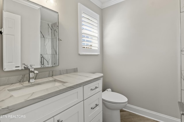 bathroom with walk in shower, wood finished floors, baseboards, vanity, and toilet