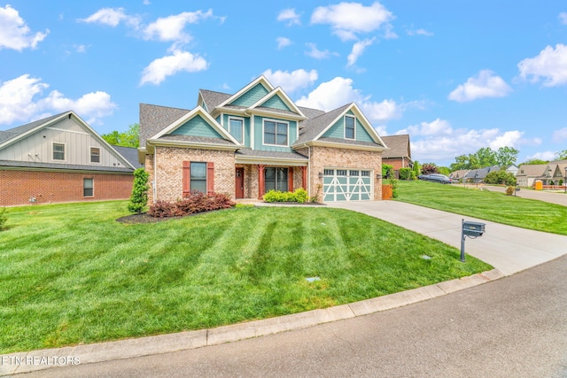 craftsman-style home featuring concrete driveway, brick siding, roof with shingles, and a front lawn