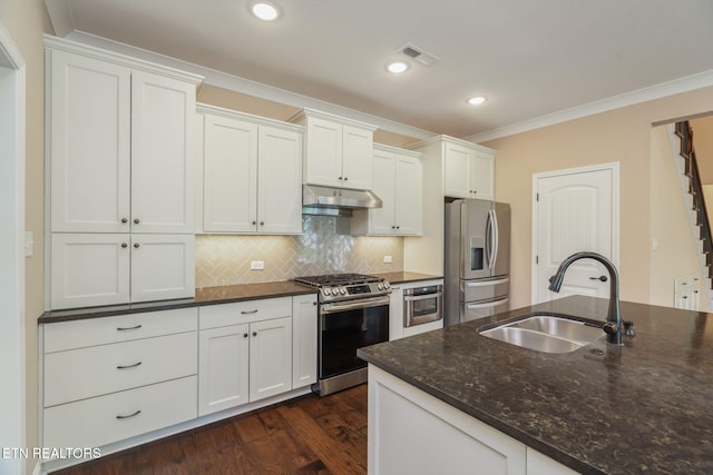 kitchen featuring visible vents, appliances with stainless steel finishes, a sink, under cabinet range hood, and dark wood-type flooring