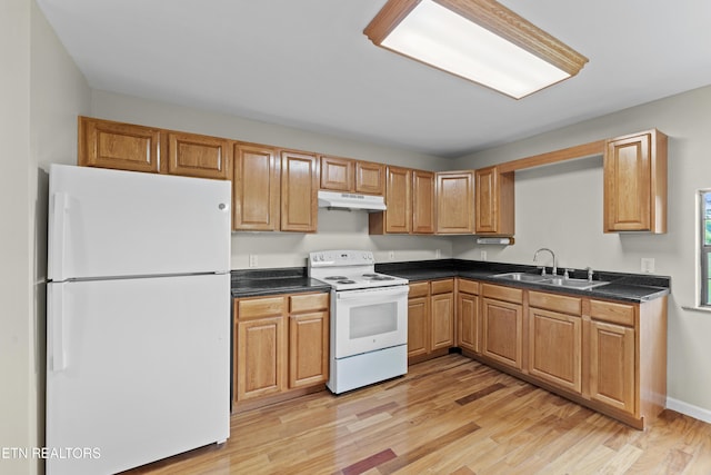 kitchen featuring a sink, dark countertops, white appliances, under cabinet range hood, and light wood-style floors