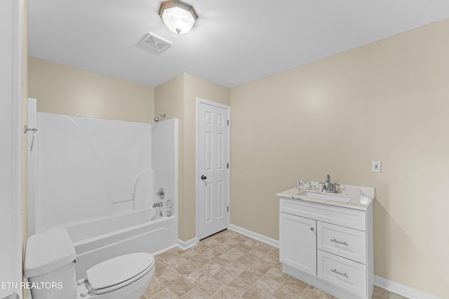 full bath with visible vents, shower / tub combination, vanity, baseboards, and toilet