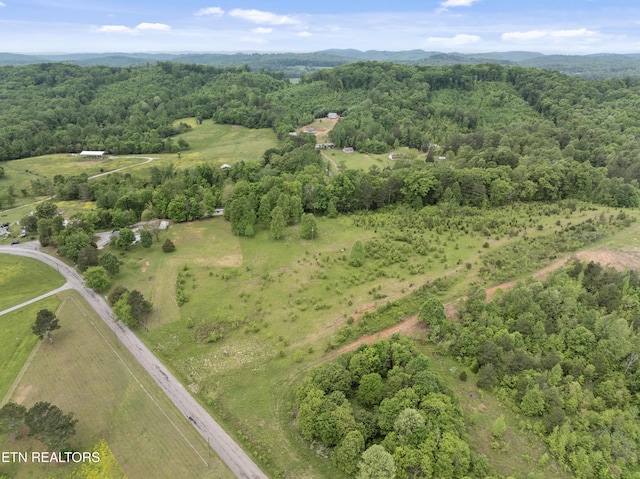 drone / aerial view with a mountain view and a forest view