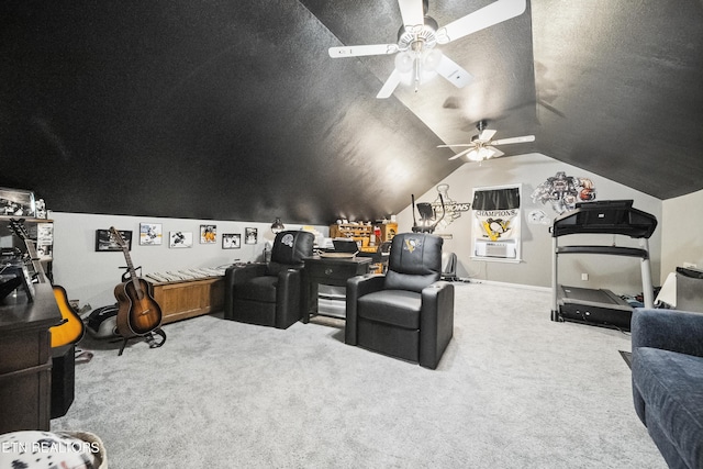 carpeted cinema room featuring a ceiling fan and lofted ceiling