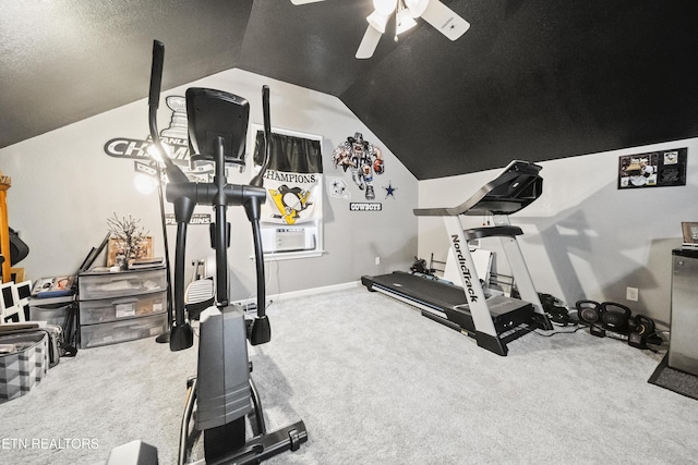 workout room featuring carpet floors, baseboards, a ceiling fan, and lofted ceiling