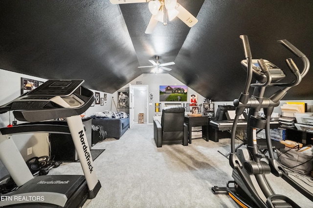 bonus room with vaulted ceiling, carpet, and a ceiling fan