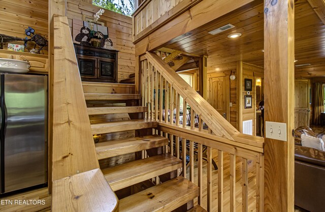 1551 Mountain Dreams Way, Sevierville, TN 37862 - stairway featuring a skylight, wood walls, wood ceiling, and visible vents