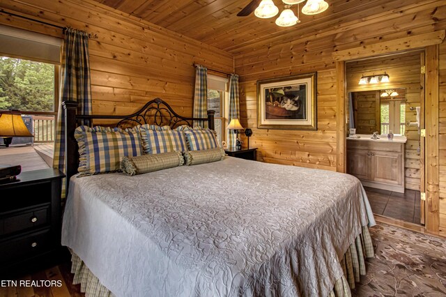 1551 Mountain Dreams Way, Sevierville, TN 37862 - bedroom with wood walls, wooden ceiling, and dark wood-type flooring