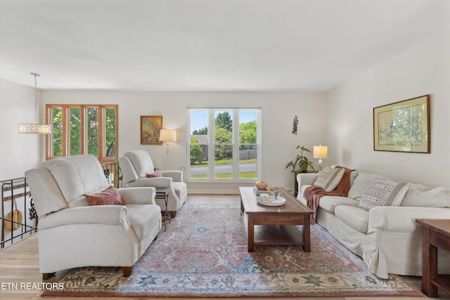 living area featuring a healthy amount of sunlight and light wood-style flooring