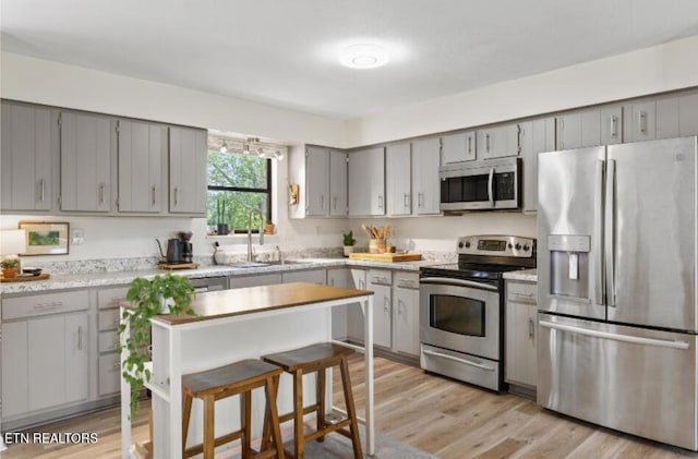 kitchen featuring light wood-type flooring, light countertops, gray cabinets, a sink, and stainless steel appliances