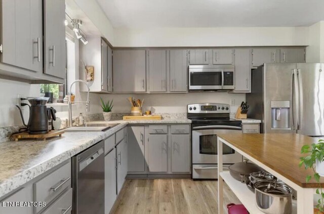 kitchen with appliances with stainless steel finishes, gray cabinetry, a sink, light countertops, and light wood-style floors