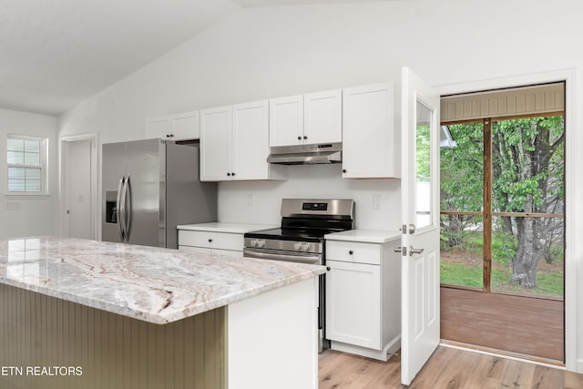260 Yonside Dr, Sparta, TN 38583 - kitchen with white cabinets, appliances with stainless steel finishes, under cabinet range hood, and lofted ceiling