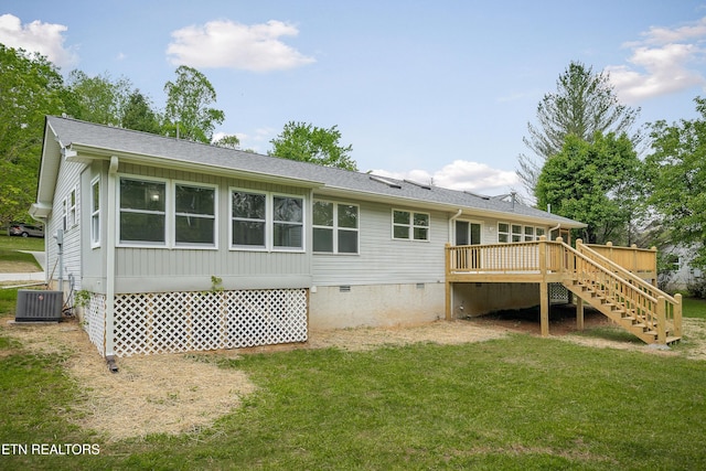 260 Yonside Dr, Sparta, TN 38583 - back of house featuring central AC, a deck, crawl space, a yard, and stairway