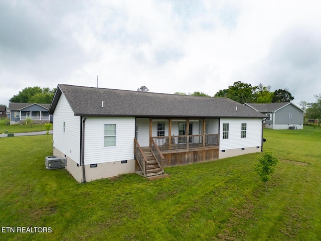 106 Maca Ridge Cir, Clarkrange, TN 38553 - rear view of house with crawl space, covered porch, stairs, a yard, and roof with shingles