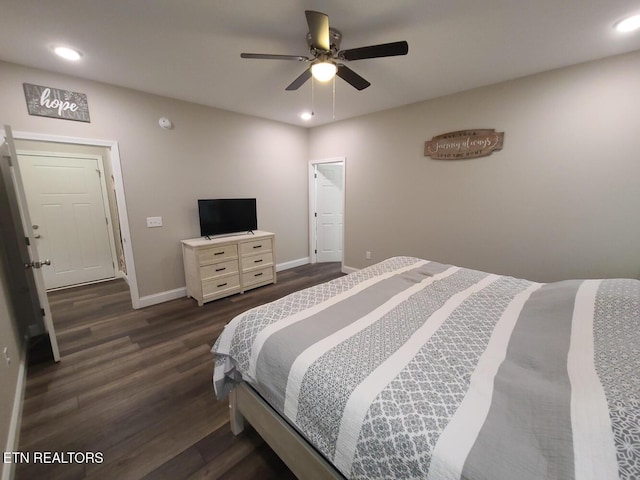 106 Maca Ridge Cir, Clarkrange, TN 38553 - bedroom featuring dark wood-type flooring, baseboards, recessed lighting, and ceiling fan