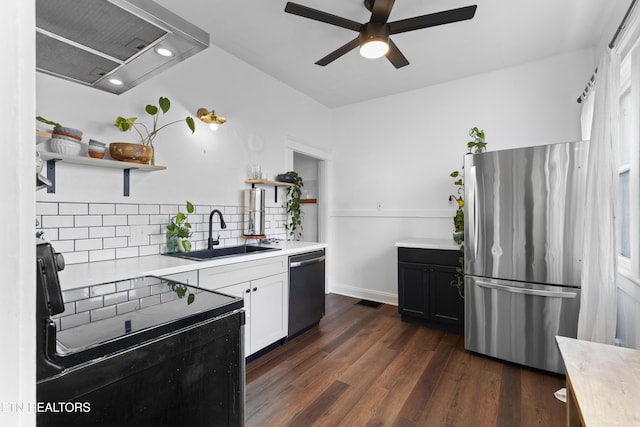 1321 N 4th Ave, Knoxville, TN 37917 - kitchen with wall chimney range hood, stainless steel appliances, open shelves, and a sink