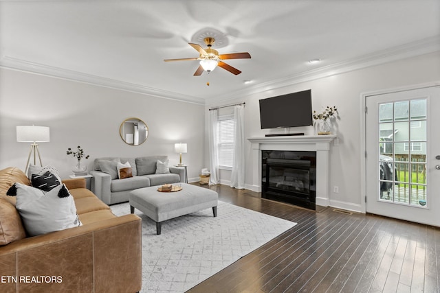 1724 Golden Nugget Ln, Knoxville, TN 37932 - living area with a ceiling fan, dark wood finished floors, a glass covered fireplace, crown molding, and baseboards