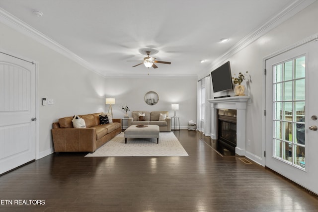 1724 Golden Nugget Ln, Knoxville, TN 37932 - living area featuring a ceiling fan, crown molding, a glass covered fireplace, and wood finished floors