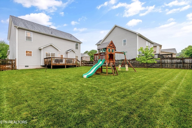 1724 Golden Nugget Ln, Knoxville, TN 37932 - rear view of property featuring a playground, a deck, roof with shingles, and crawl space