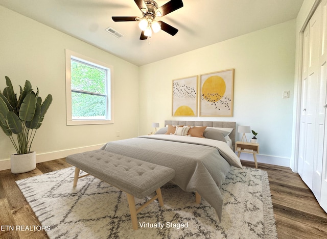 210 Spruce St, Athens, TN 37303 - bedroom featuring a ceiling fan, baseboards, visible vents, and wood finished floors