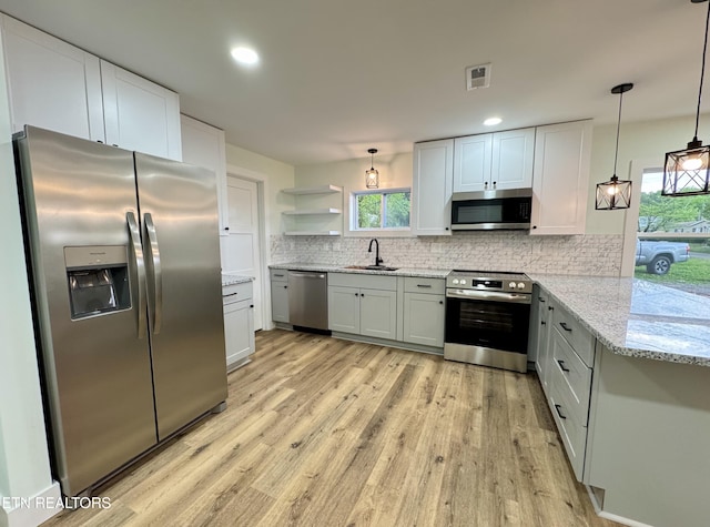210 Spruce St, Athens, TN 37303 - kitchen with open shelves, a sink, stainless steel appliances, backsplash, and visible vents