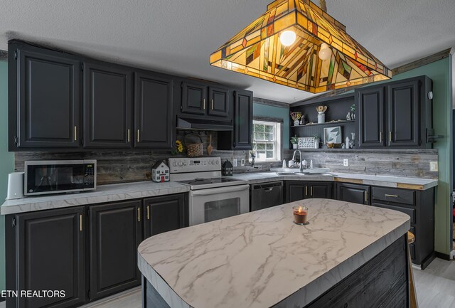 kitchen with a sink, light countertops, stainless steel microwave, electric stove, and dishwashing machine
