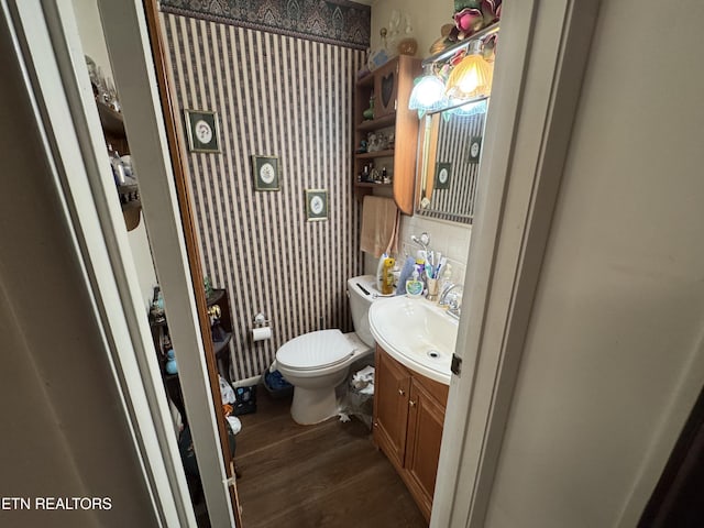 bathroom featuring vanity, toilet, and wood finished floors