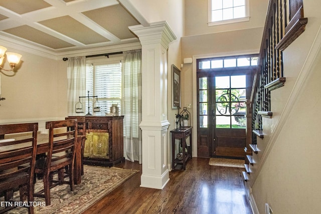 719 Lake Vista Ln Unit 3, Knoxville, TN 37934 - entrance foyer with ornate columns, stairs, beam ceiling, and dark wood finished floors