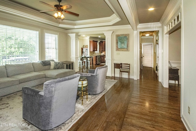 719 Lake Vista Ln Unit 3, Knoxville, TN 37934 - living room featuring ceiling fan, baseboards, decorative columns, dark wood-type flooring, and ornamental molding