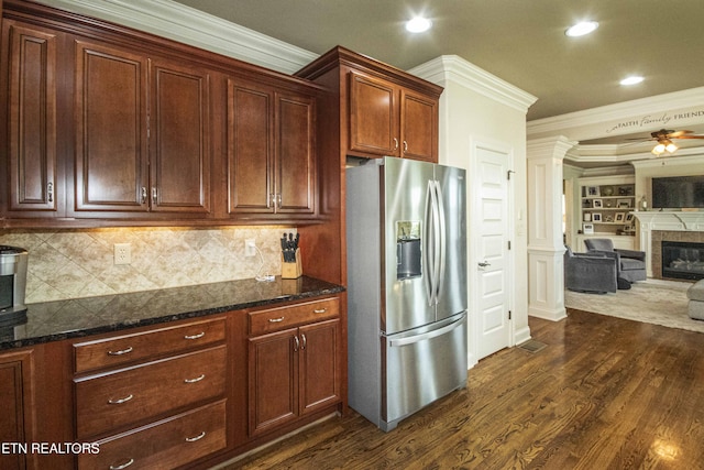 719 Lake Vista Ln Unit 3, Knoxville, TN 37934 - kitchen with dark wood-type flooring, open floor plan, crown molding, and stainless steel fridge with ice dispenser