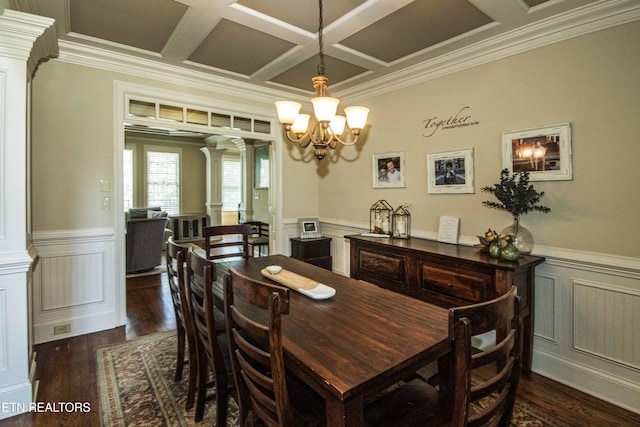 719 Lake Vista Ln Unit 3, Knoxville, TN 37934 - dining area with dark wood-type flooring, ornamental molding, coffered ceiling, and decorative columns