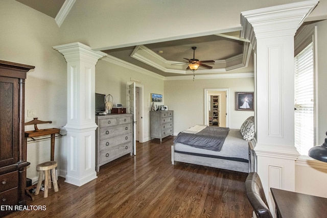 719 Lake Vista Ln Unit 3, Knoxville, TN 37934 - bedroom featuring a tray ceiling, decorative columns, and dark wood-style floors