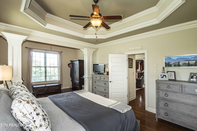 719 Lake Vista Ln Unit 3, Knoxville, TN 37934 - bedroom with ornate columns, ornamental molding, a raised ceiling, and dark wood-style flooring