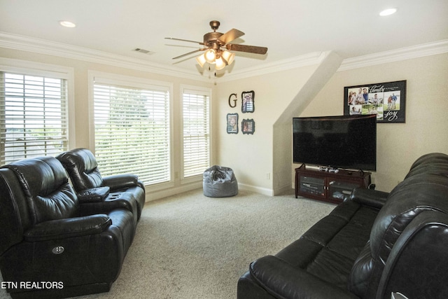 719 Lake Vista Ln Unit 3, Knoxville, TN 37934 - living area featuring crown molding, a ceiling fan, visible vents, and carpet floors