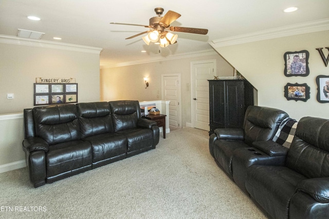 719 Lake Vista Ln Unit 3, Knoxville, TN 37934 - carpeted living area with a ceiling fan, visible vents, baseboards, ornamental molding, and recessed lighting