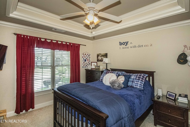 719 Lake Vista Ln Unit 3, Knoxville, TN 37934 - carpeted bedroom featuring visible vents, ornamental molding, ceiling fan, and a tray ceiling