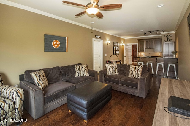 719 Lake Vista Ln Unit 3, Knoxville, TN 37934 - living room with crown molding, ceiling fan, dark wood finished floors, and track lighting