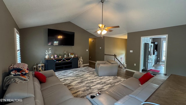 344 Kayla Ln, Oneida, TN 37841 - living area featuring lofted ceiling, baseboards, ceiling fan, and wood finished floors