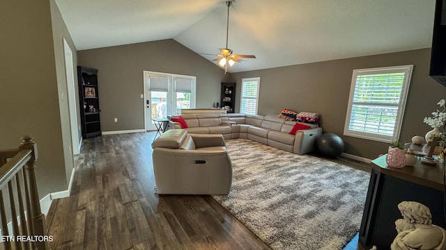 344 Kayla Ln, Oneida, TN 37841 - living area featuring ceiling fan, lofted ceiling, baseboards, and dark wood-type flooring